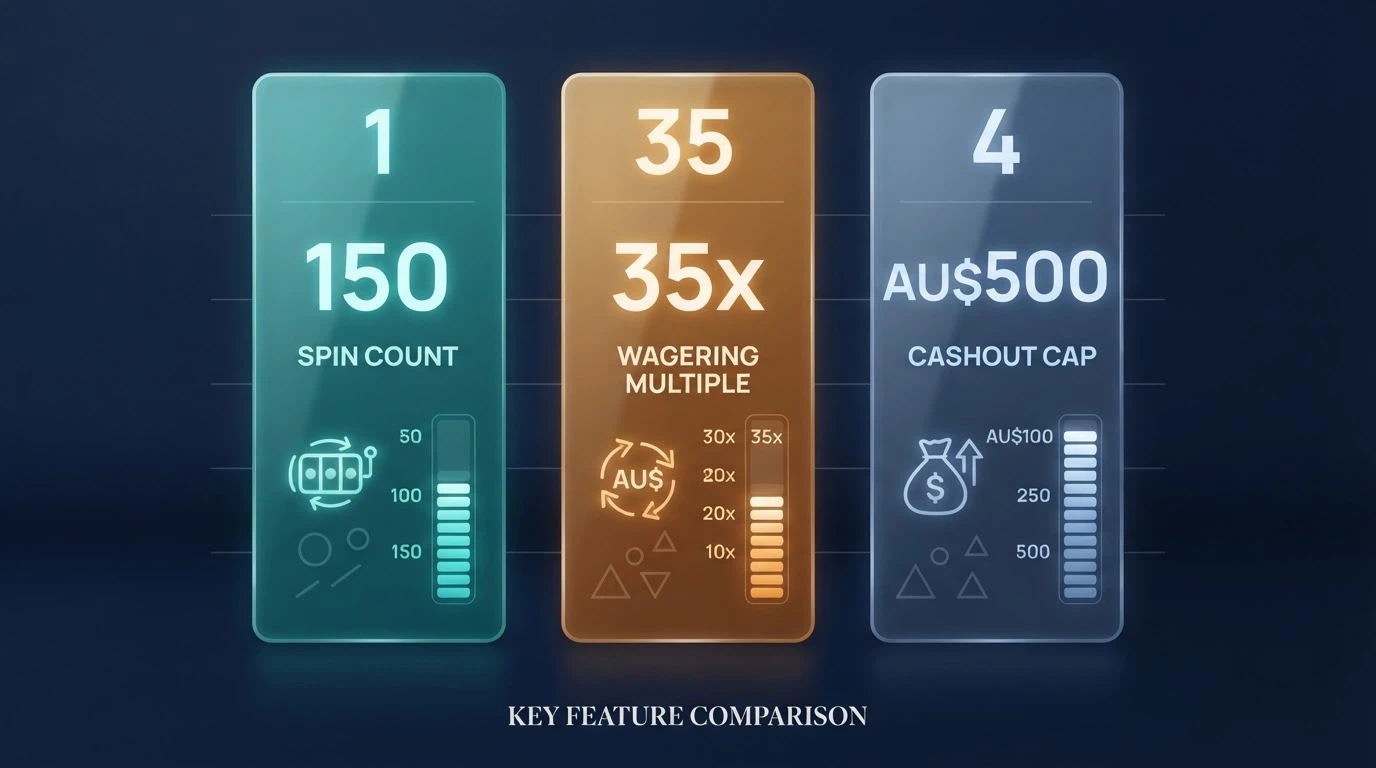 A side-by-side visual comparison of free-spin counts, wagering multiples and cashout caps across the featured operators, styled as a clean infographic