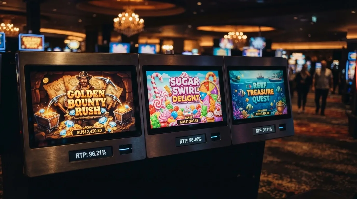 A collage of three pokies title screens — a Pragmatic Play game, a Play'n GO game, and a NetEnt game — with RTP percentages displayed beneath each